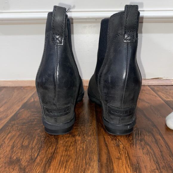 SOREL Waterproof Sz 8 Black Distressed Leather Whimsigoth Grunge Wedge Booots - Picture 5 of 12